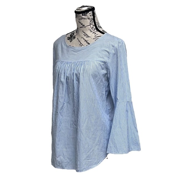 LOFT Blue Striped Bell Sleeve Blouse Women’s S Semi-Sheer Nautical Preppy Coast - Picture 3 of 9